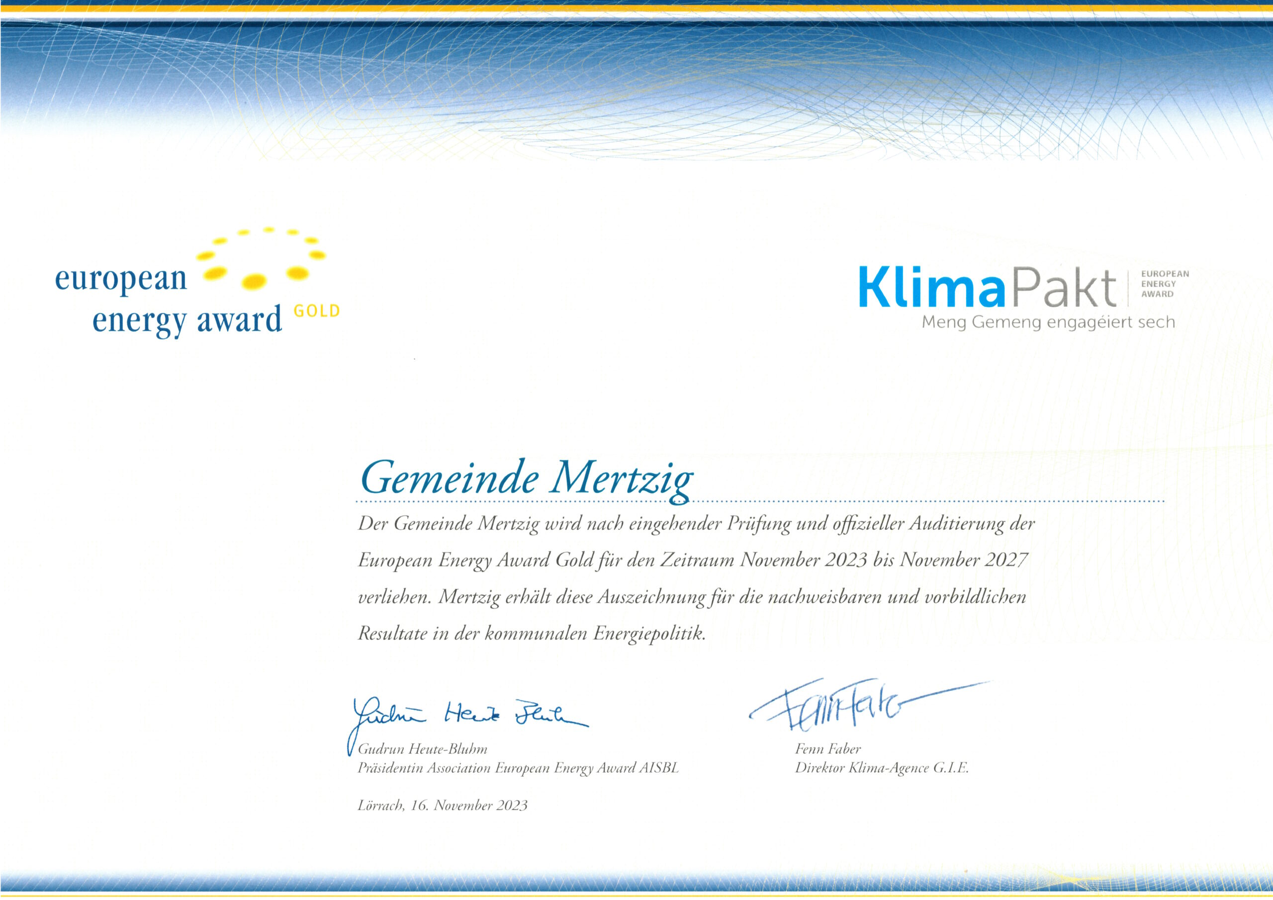 Certificat European Energy Award Gold 2023