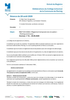 28/08/2026 - Règlement de circulation (031) - « Parking communal » Kiermes